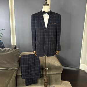 Men’s Steve Harvey Reserve 2 Piece Blue Check Suit Peak Lapel 44 Jacket 38 Pants